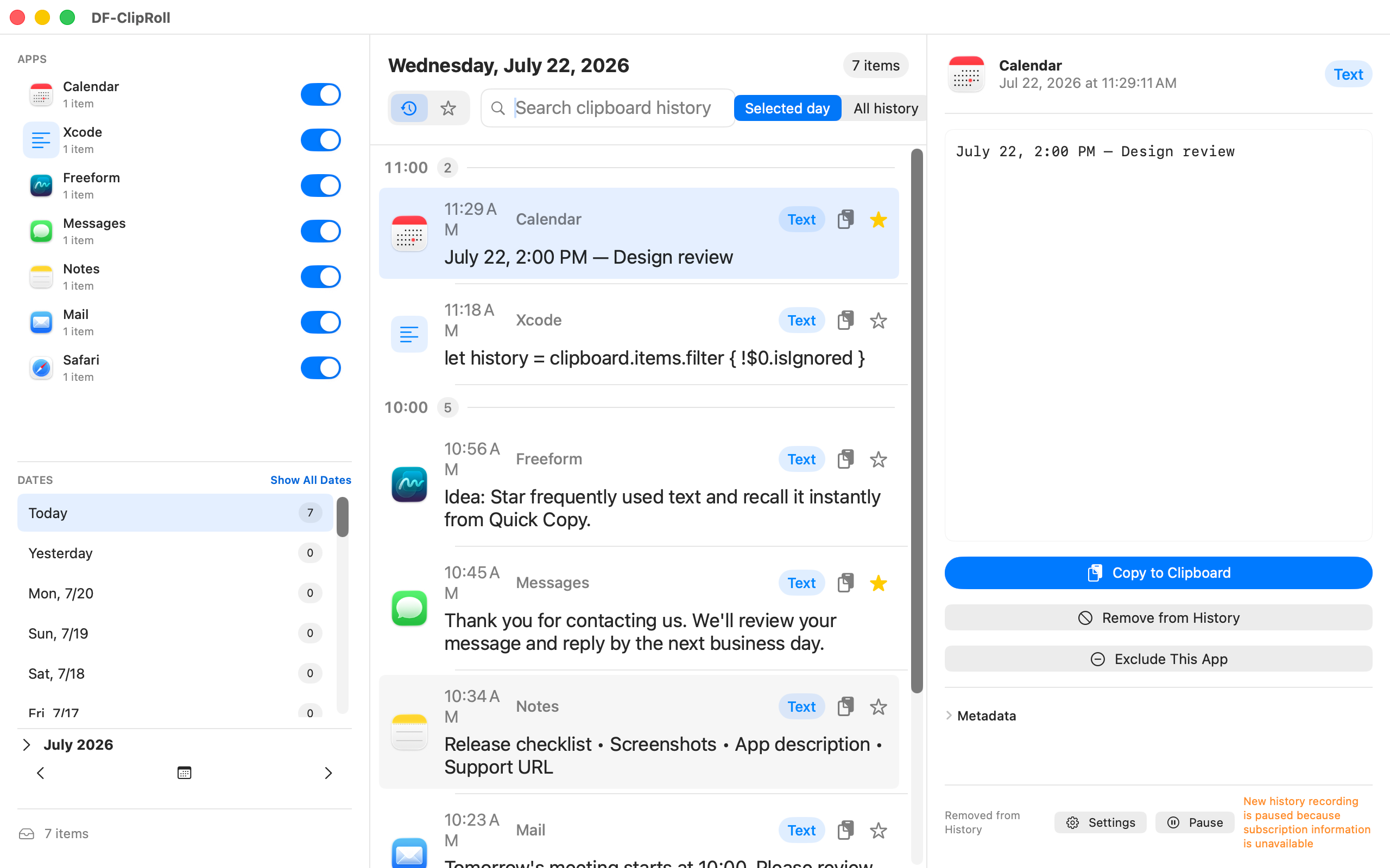 DF-ClipRoll history organized by source app and date