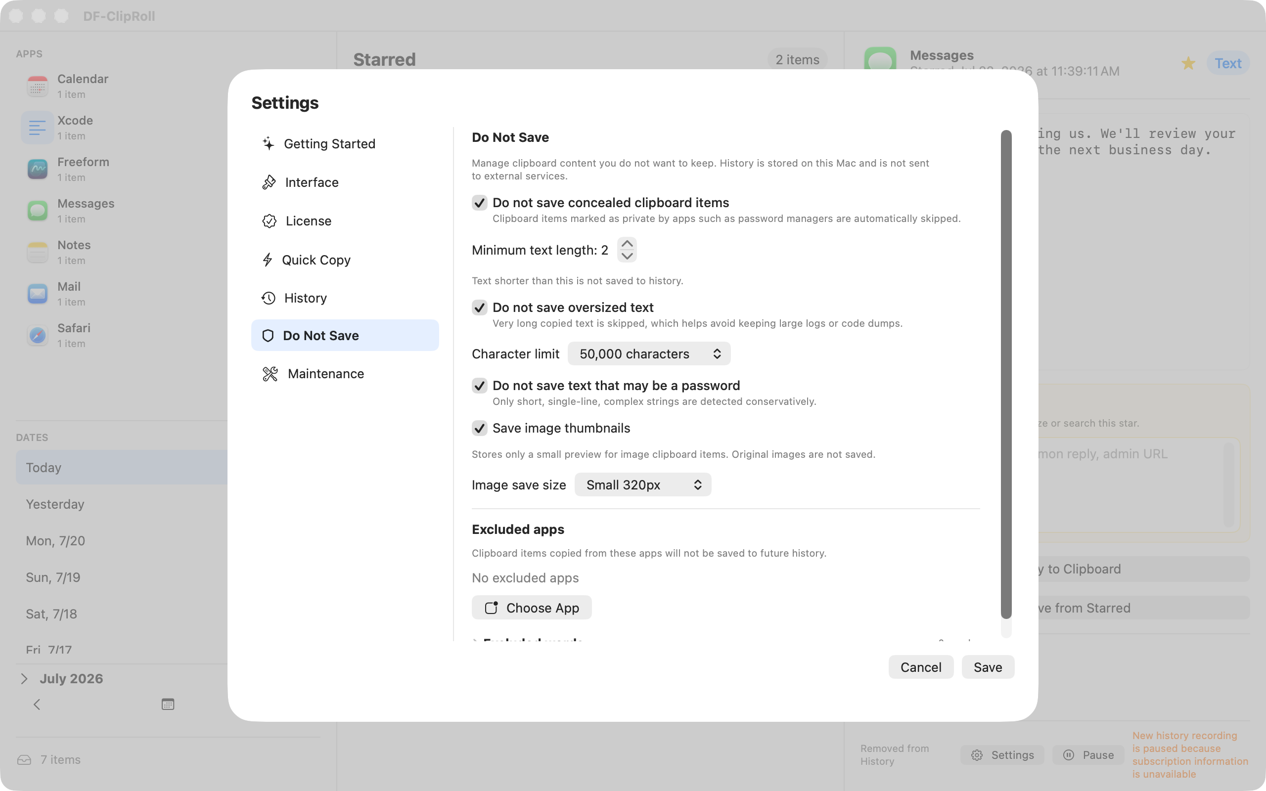 Settings for choosing what DF-ClipRoll does not save