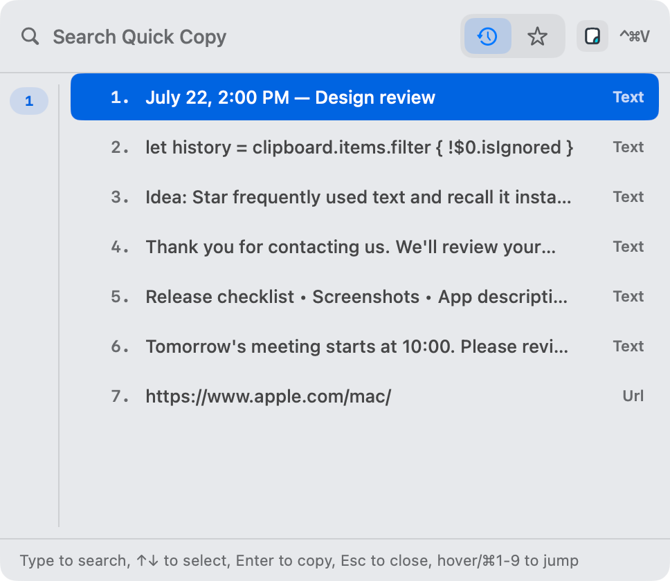 Quick Copy window for searching clipboard history from the keyboard