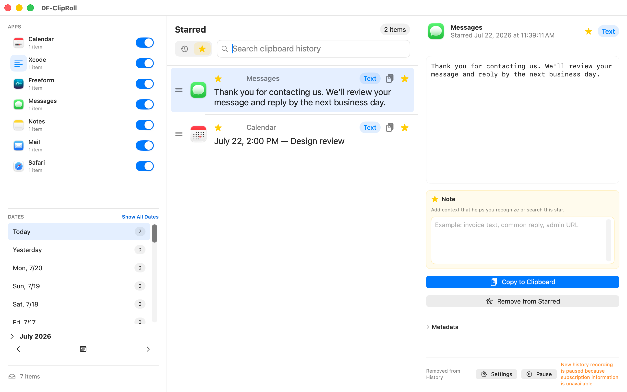 Starred clipboard items organized with notes