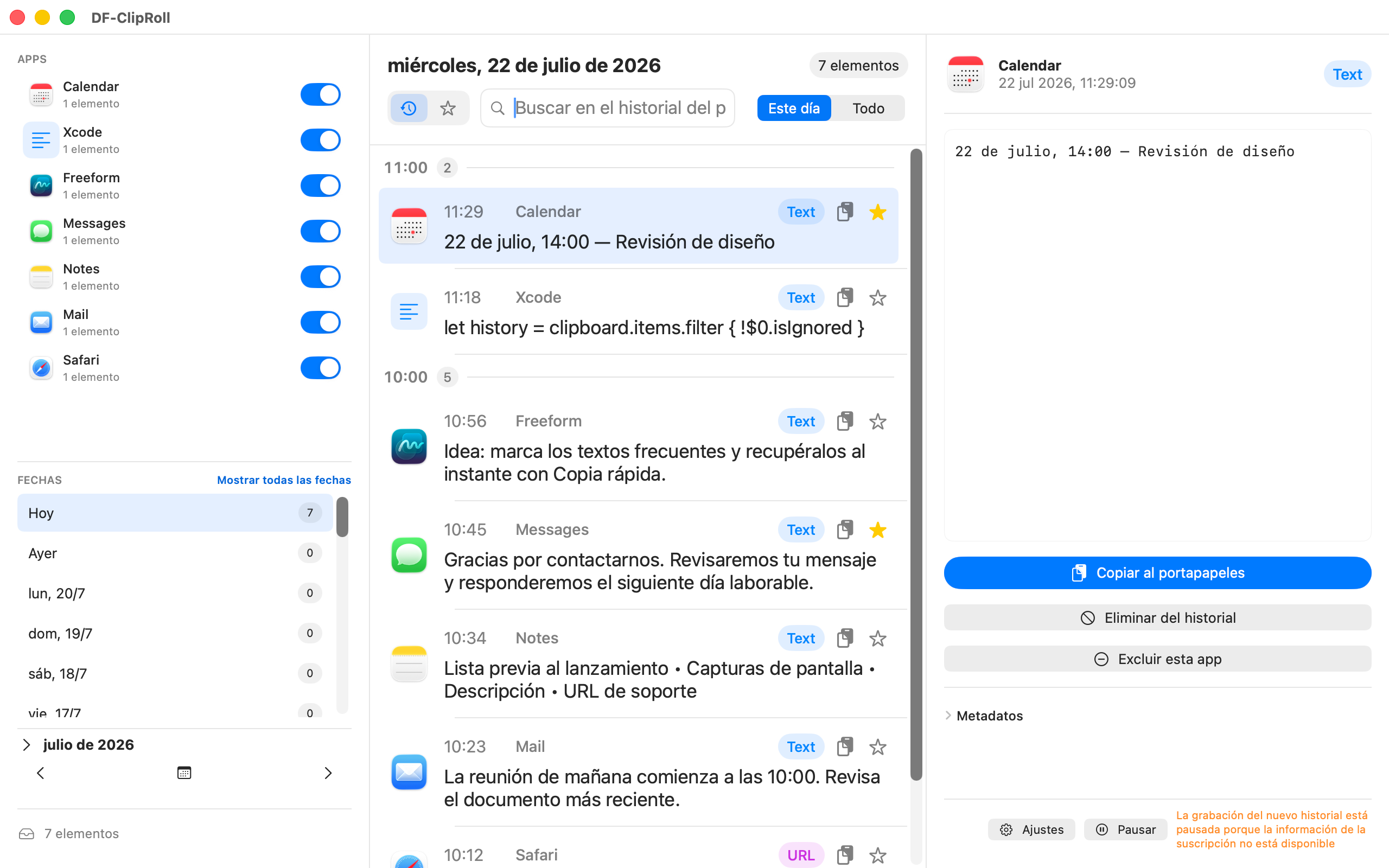 Historial de DF-ClipRoll organizado por aplicación y fecha