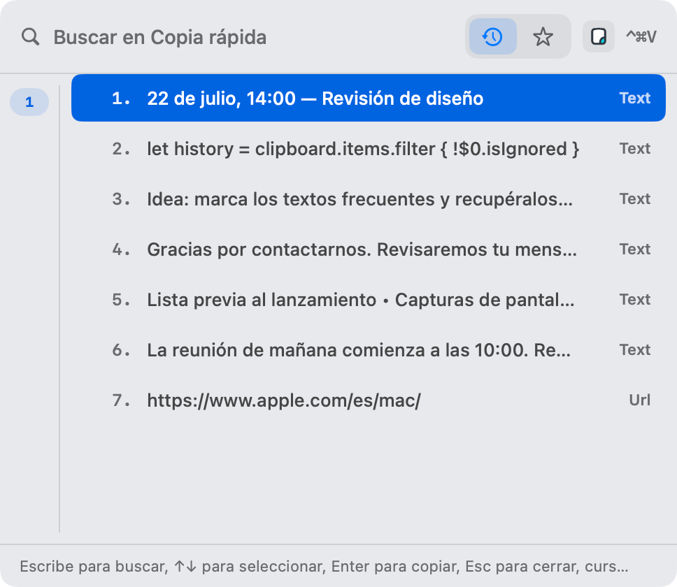 Ventana de Copia rápida para buscar el historial con el teclado
